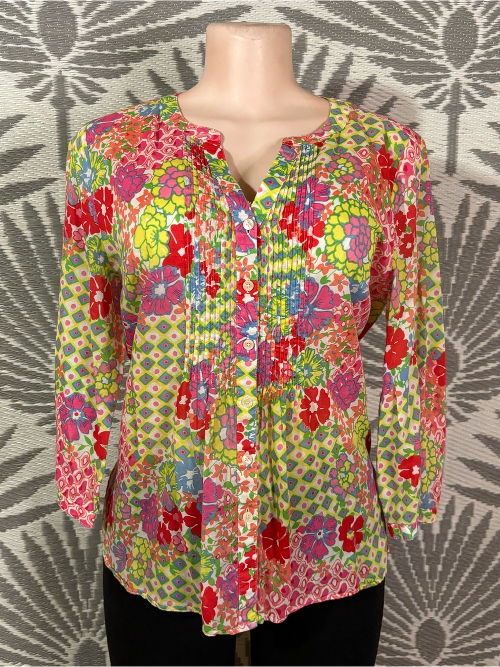 Colorful Floral Pintuck Peasant Blouse Petite Medium Cottagecore Boho Cotton